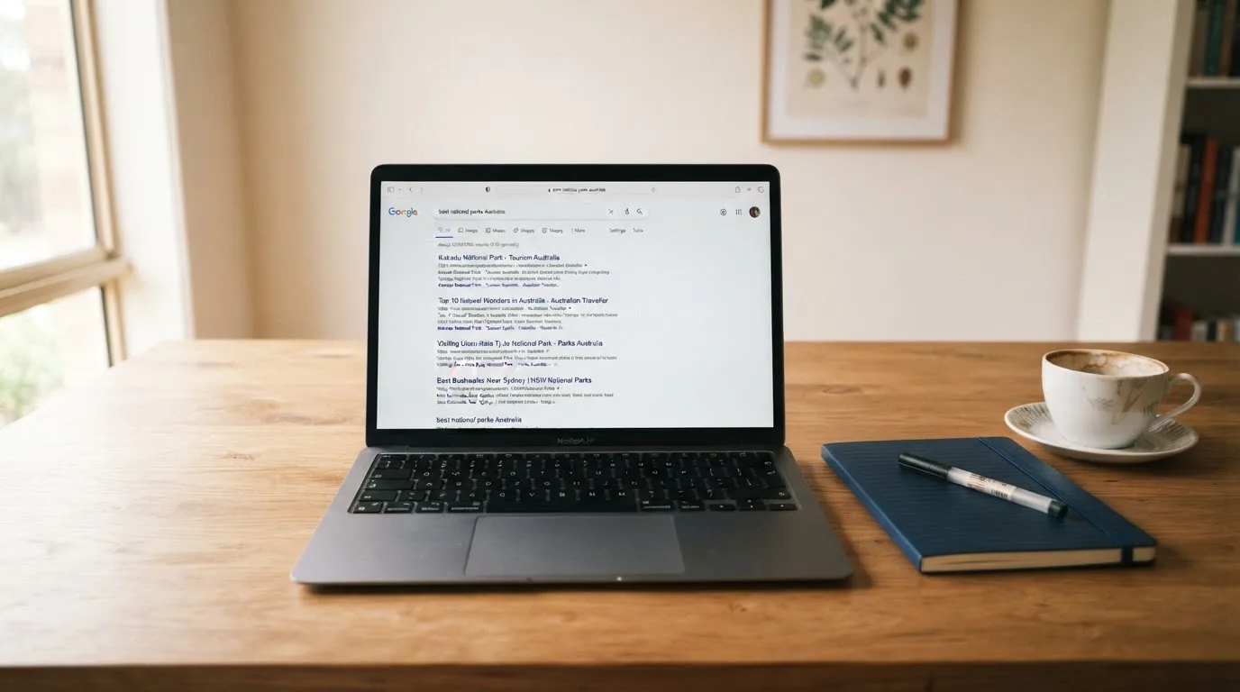 A tidy desk with a laptop open on a plain search-results page, a notebook and a coffee cup beside it, no screens showing any casino branding.