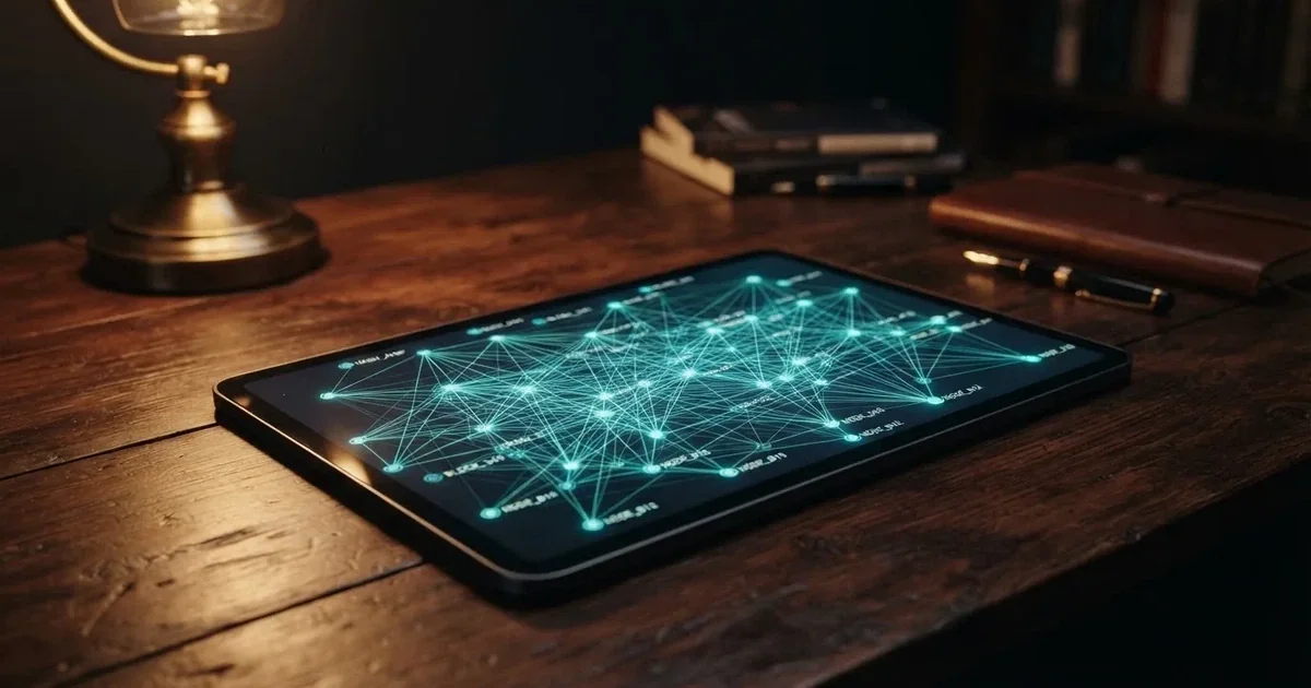 A network of glowing connected nodes displayed on a tablet screen, representing a distributed ledger diagram.