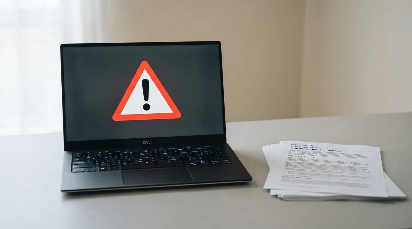 A red triangular warning sign icon on a laptop screen next to a stack of legal papers, symbolising an official caution rather than any specific website.