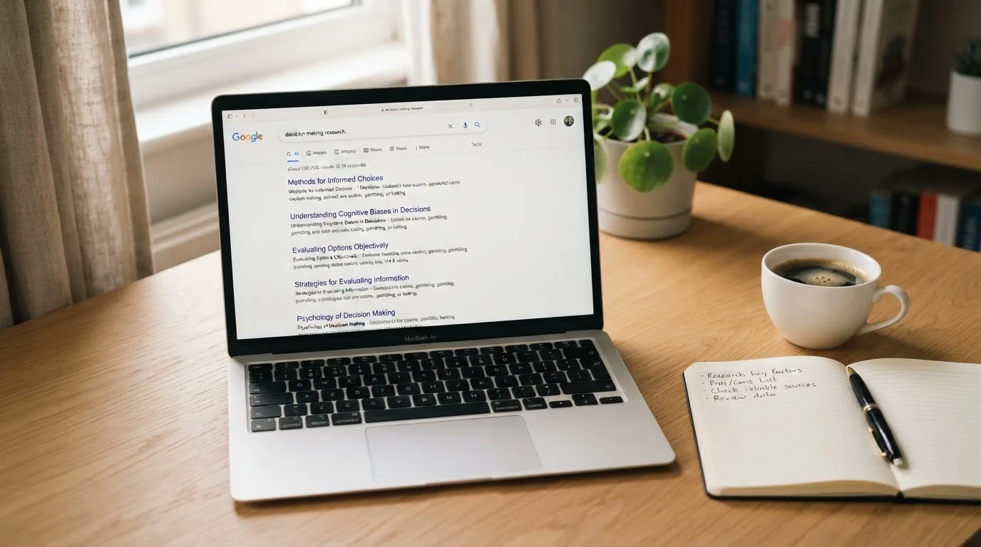 A tidy desk with a laptop open on a plain search-results page, a notebook and a coffee cup beside it, no screens showing any casino branding.