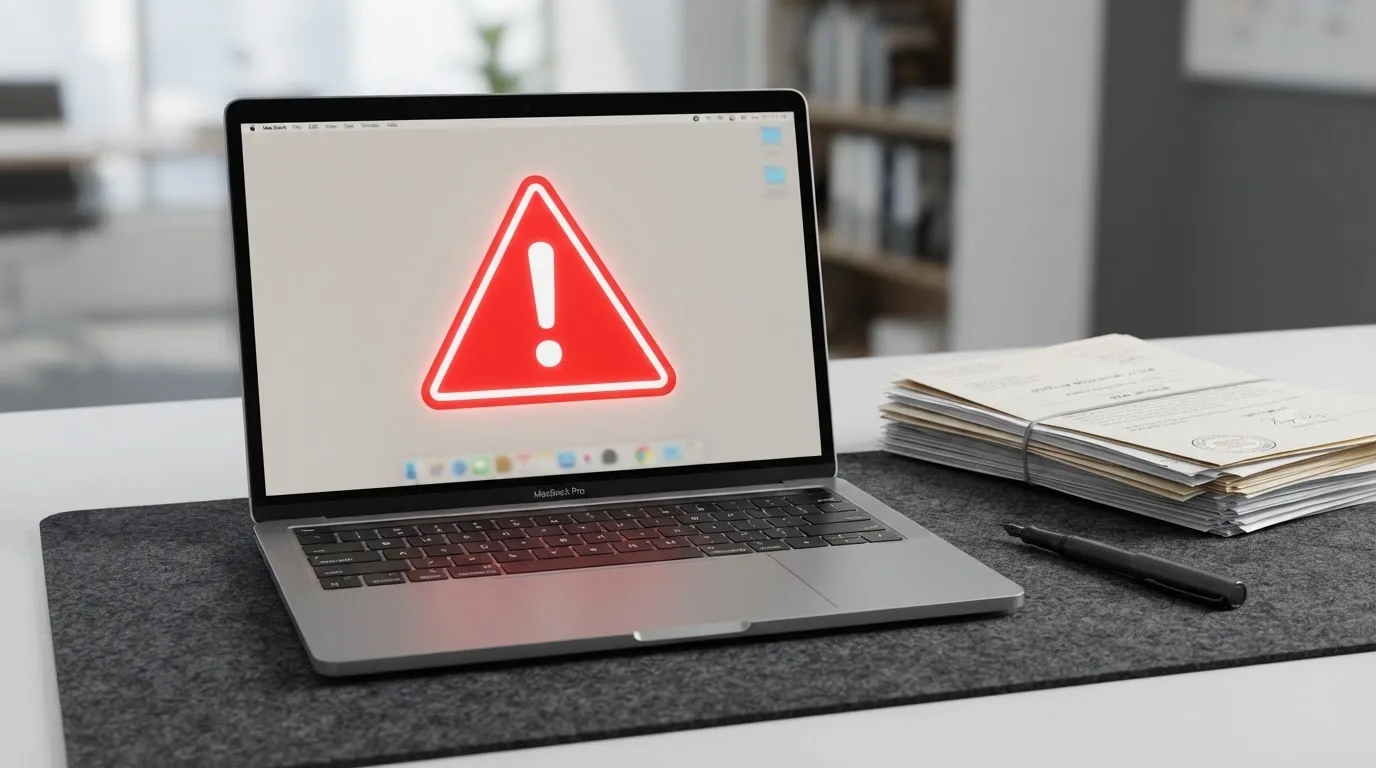 A red triangular warning sign icon on a laptop screen next to a stack of legal papers, symbolising an official caution rather than any specific website.