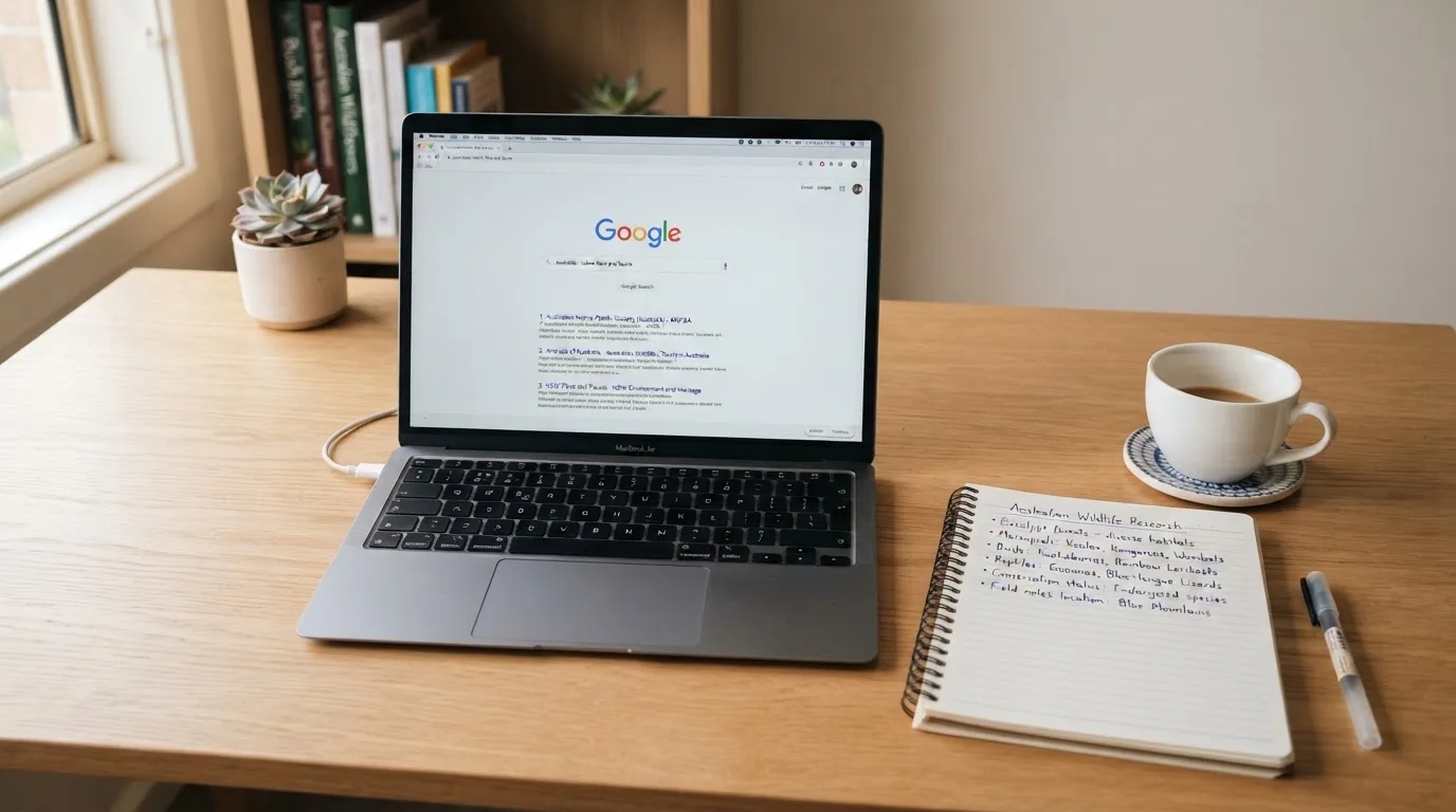 A tidy desk with a laptop open on a plain search-results page, a notebook and a coffee cup beside it, no screens showing any casino branding.
