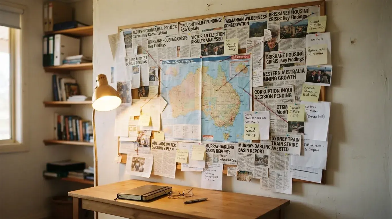 A wide shot of a home office noticeboard with printed news clippings and a map of Australia pinned up, suggesting research rather than play.