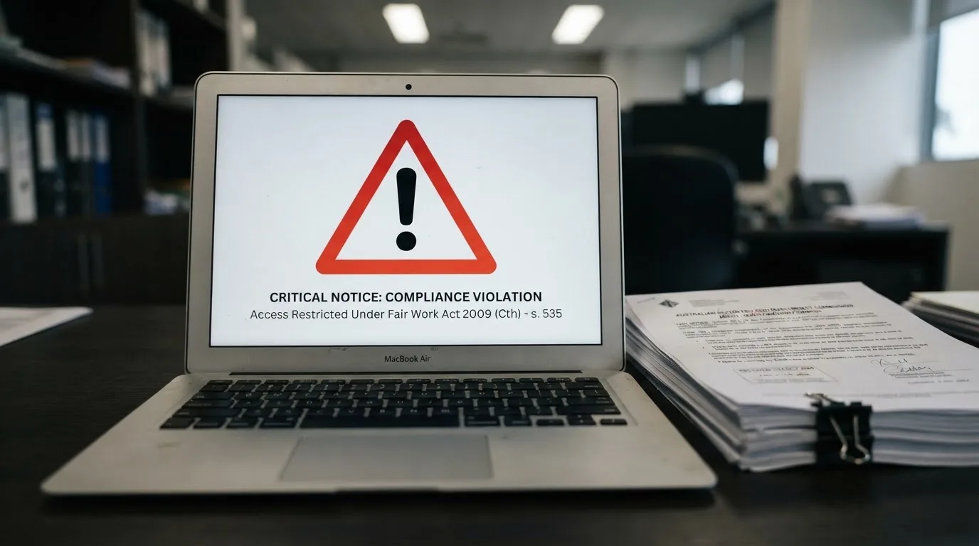 A red triangular warning sign icon on a laptop screen next to a stack of legal papers, symbolising an official caution rather than any specific website.