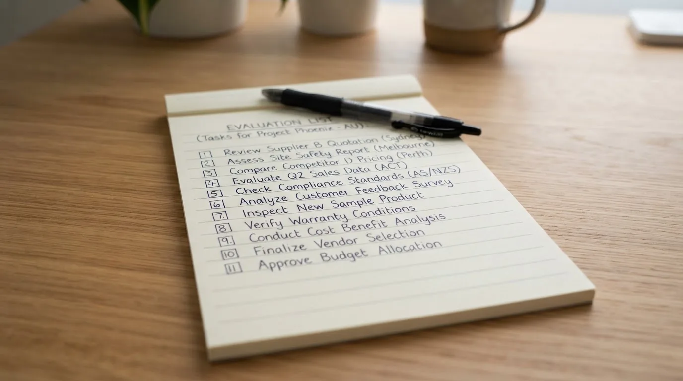 A notepad with a numbered list of blank lines and checkboxes, pen resting on top, suggesting a comparison in progress.