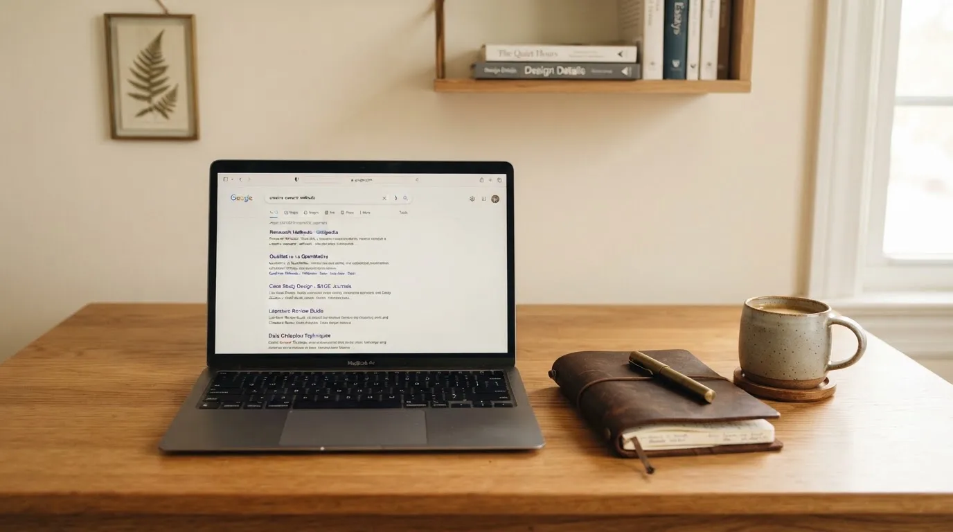 A tidy desk with a laptop open on a plain search-results page, a notebook and a coffee cup beside it, no screens showing any casino branding.