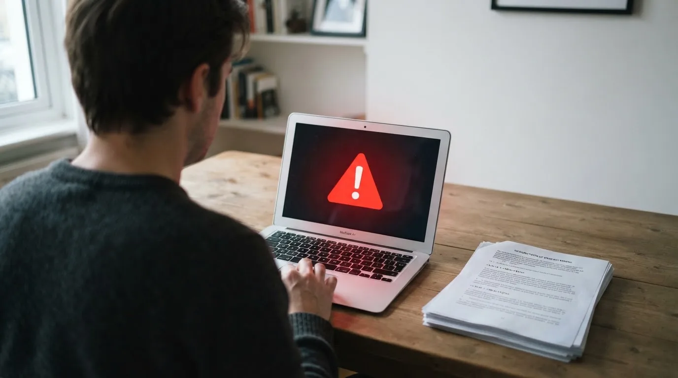 A red triangular warning sign icon on a laptop screen next to a stack of legal papers, symbolising an official caution rather than any specific website.
