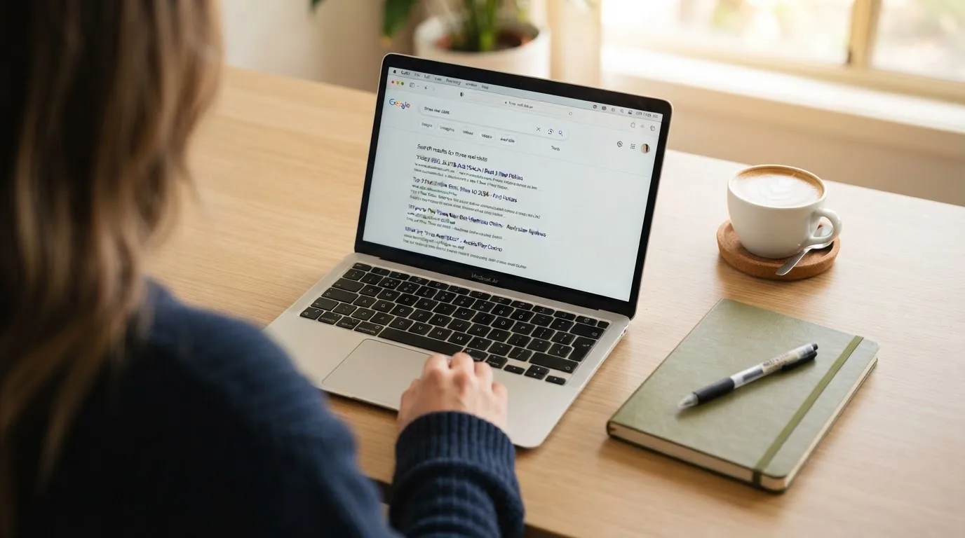 A tidy desk with a laptop open on a plain search-results page, a notebook and a coffee cup beside it, no screens showing any casino branding.