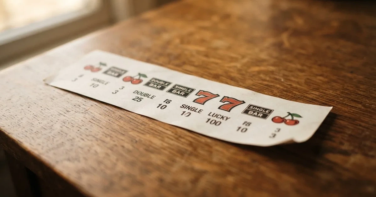 A printed strip of generic slot symbols and payout numbers laid on a desk, like a reference chart rather than a live game.