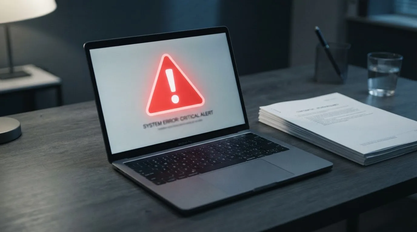 A red triangular warning sign icon on a laptop screen next to a stack of legal papers, symbolising an official caution rather than any specific website.