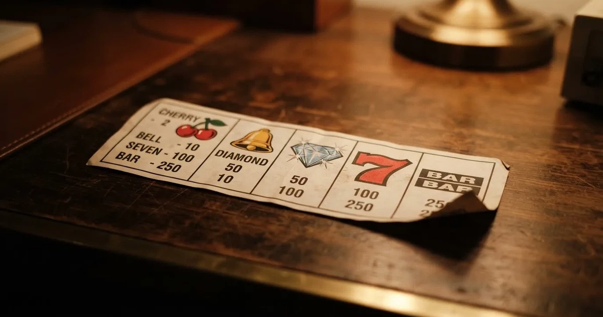 A printed strip of generic slot symbols and payout numbers laid on a desk, like a reference chart rather than a live game.