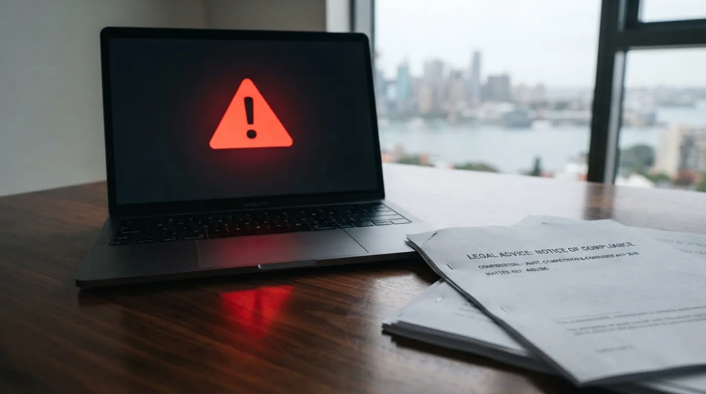A red triangular warning sign icon on a laptop screen next to a stack of legal papers, symbolising an official caution rather than any specific website.