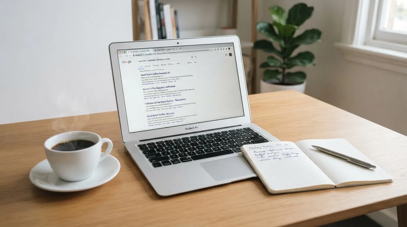 A tidy desk with a laptop open on a plain search-results page, a notebook and a coffee cup beside it, no screens showing any casino branding.
