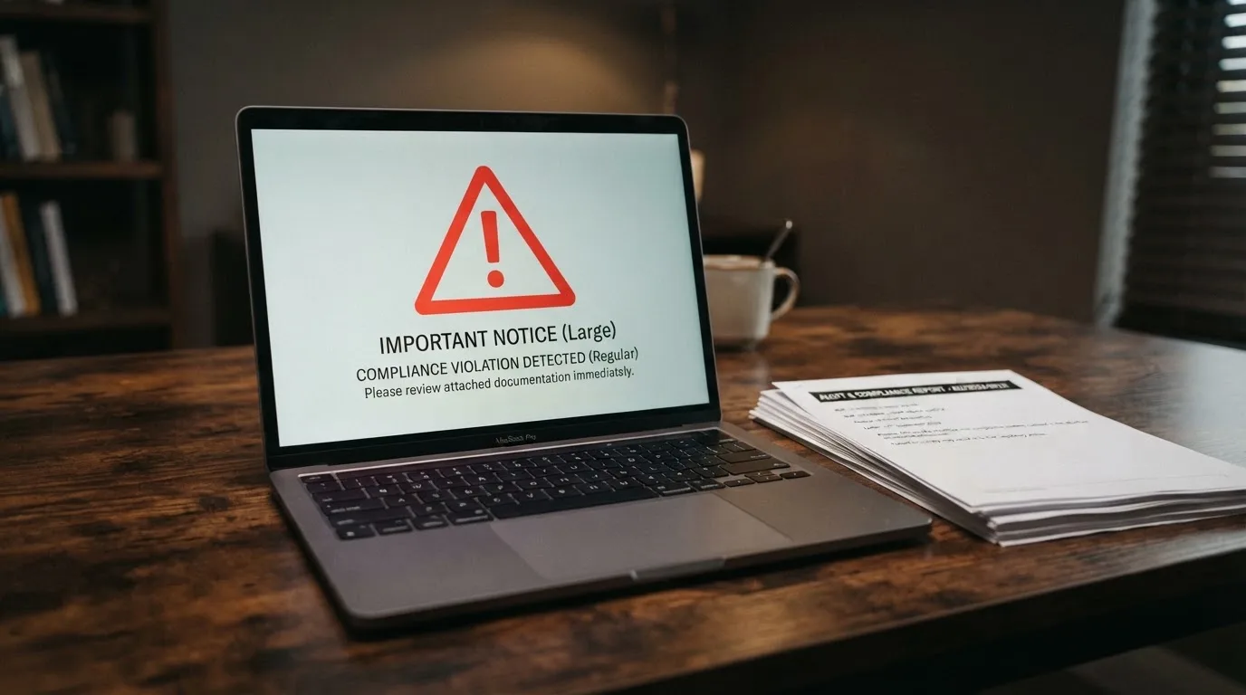 A red triangular warning sign icon on a laptop screen next to a stack of legal papers, symbolising an official caution rather than any specific website.