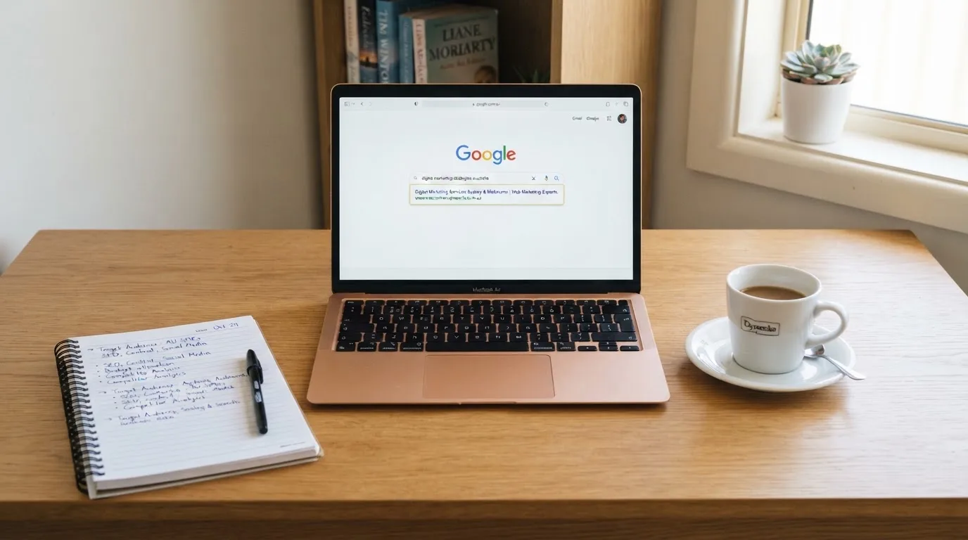 A tidy desk with a laptop open on a plain search-results page, a notebook and a coffee cup beside it, no screens showing any casino branding.