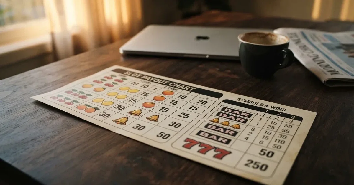 A printed strip of generic slot symbols and payout numbers laid on a desk, like a reference chart rather than a live game.