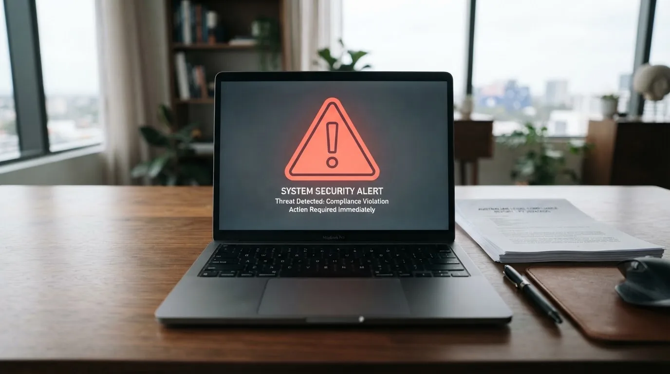 A red triangular warning sign icon on a laptop screen next to a stack of legal papers, symbolising an official caution rather than any specific website.