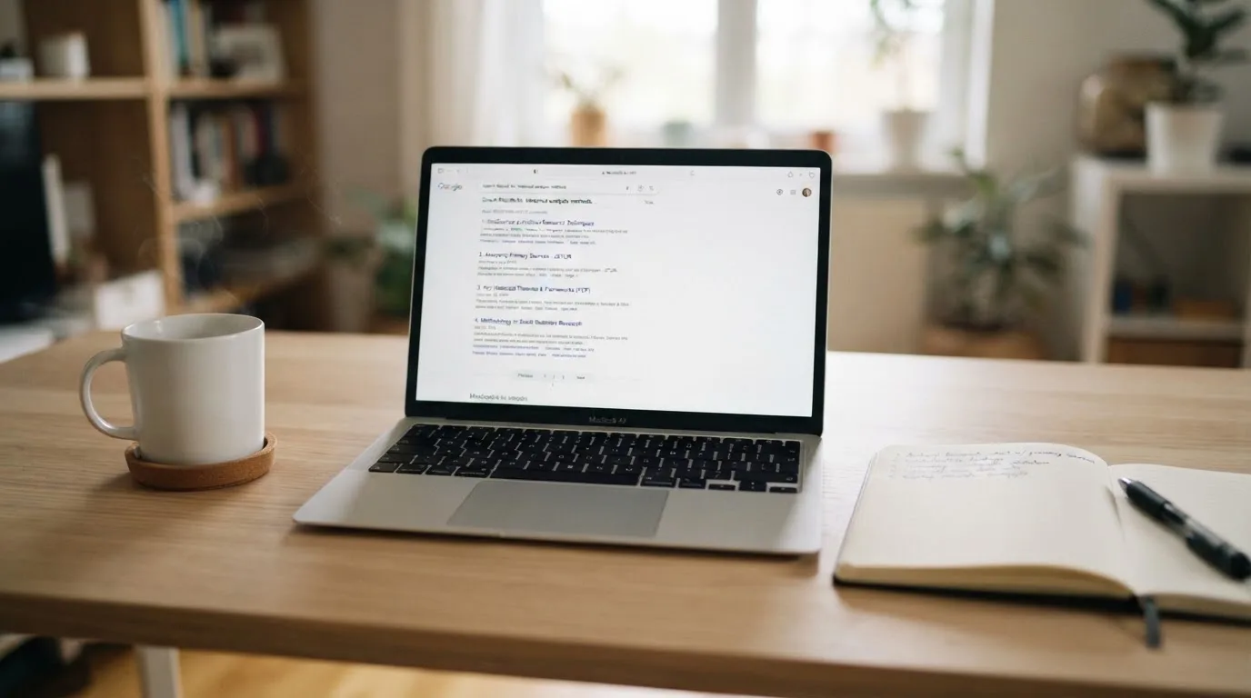 A tidy desk with a laptop open on a plain search-results page, a notebook and a coffee cup beside it, no screens showing any casino branding.