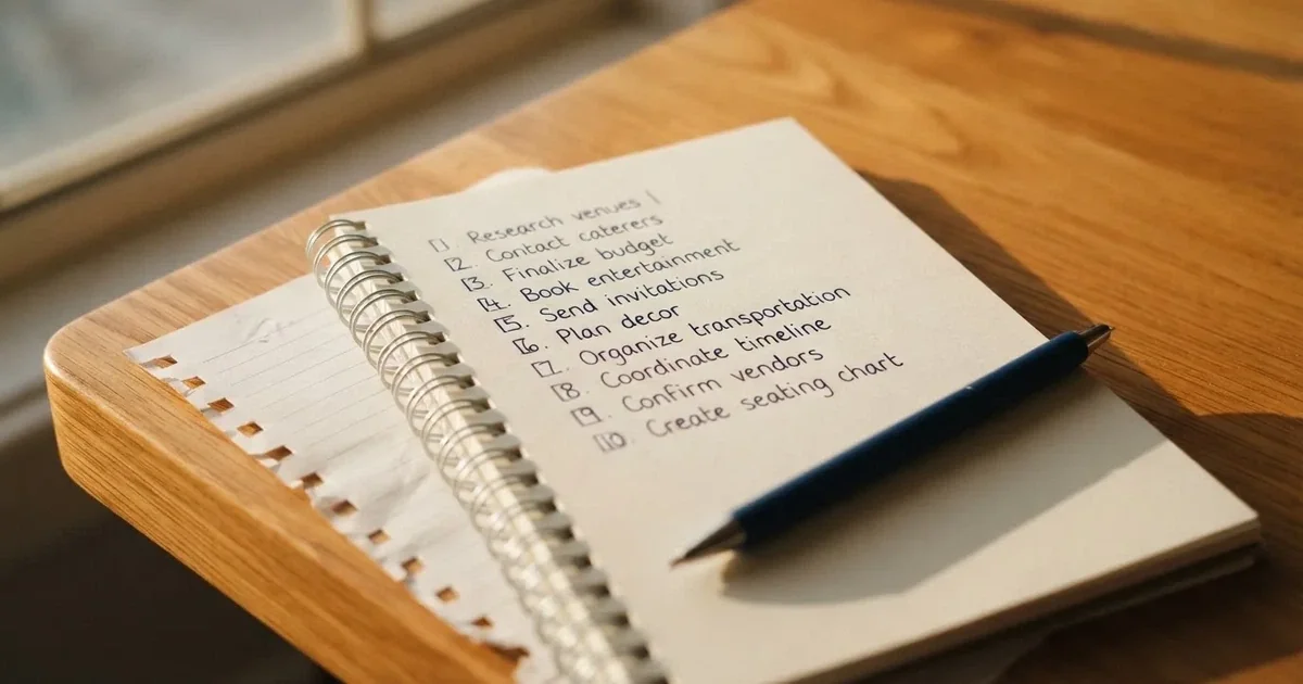 A notepad with a numbered list of blank lines and checkboxes, pen resting on top, suggesting a comparison in progress.