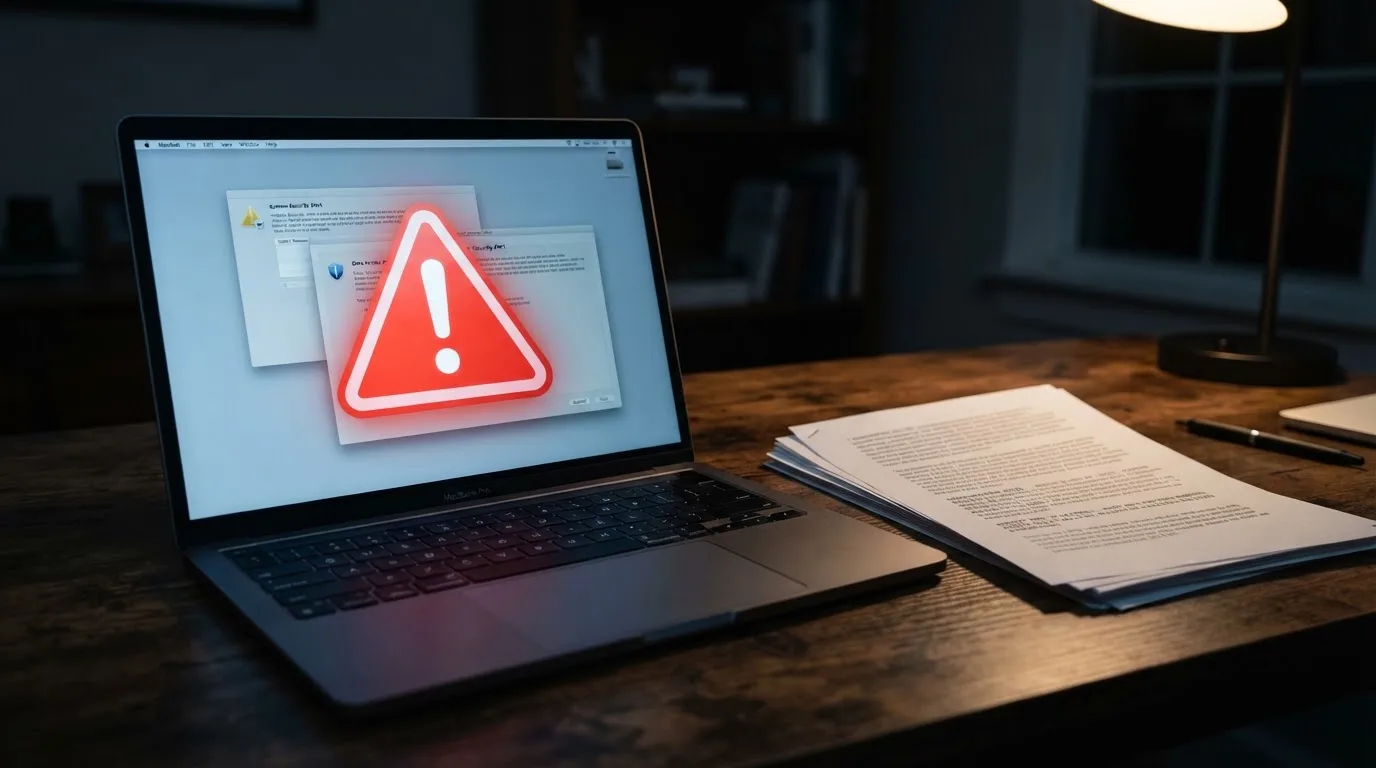 A red triangular warning sign icon on a laptop screen next to a stack of legal papers, symbolising an official caution rather than any specific website.