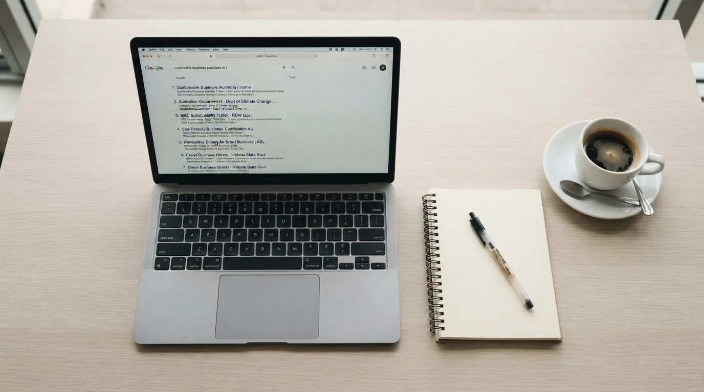 A tidy desk with a laptop open on a plain search-results page, a notebook and a coffee cup beside it, no screens showing any casino branding.