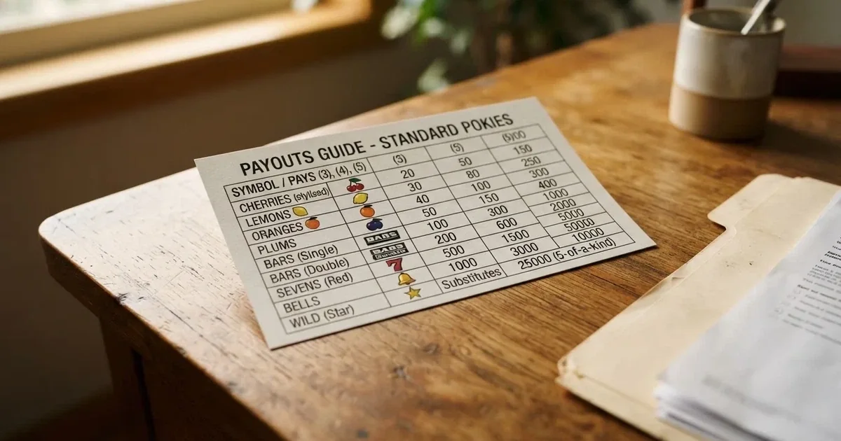 A printed strip of generic slot symbols and payout numbers laid on a desk, like a reference chart rather than a live game.