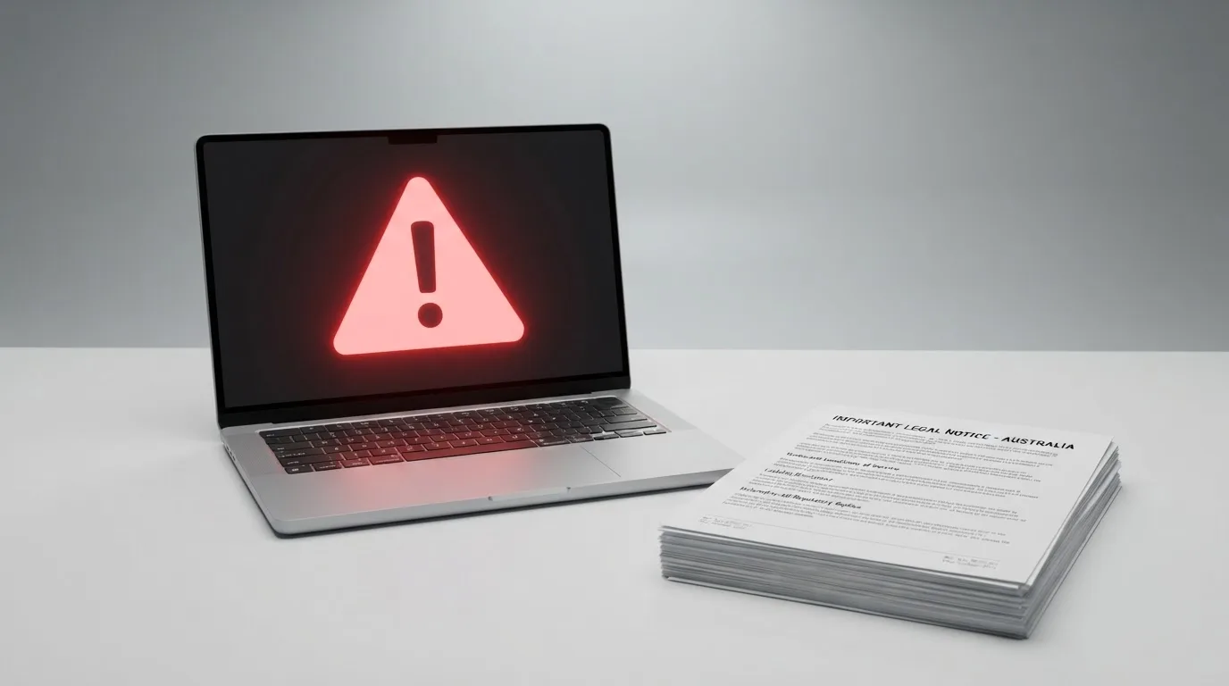 A red triangular warning sign icon on a laptop screen next to a stack of legal papers, symbolising an official caution rather than any specific website.