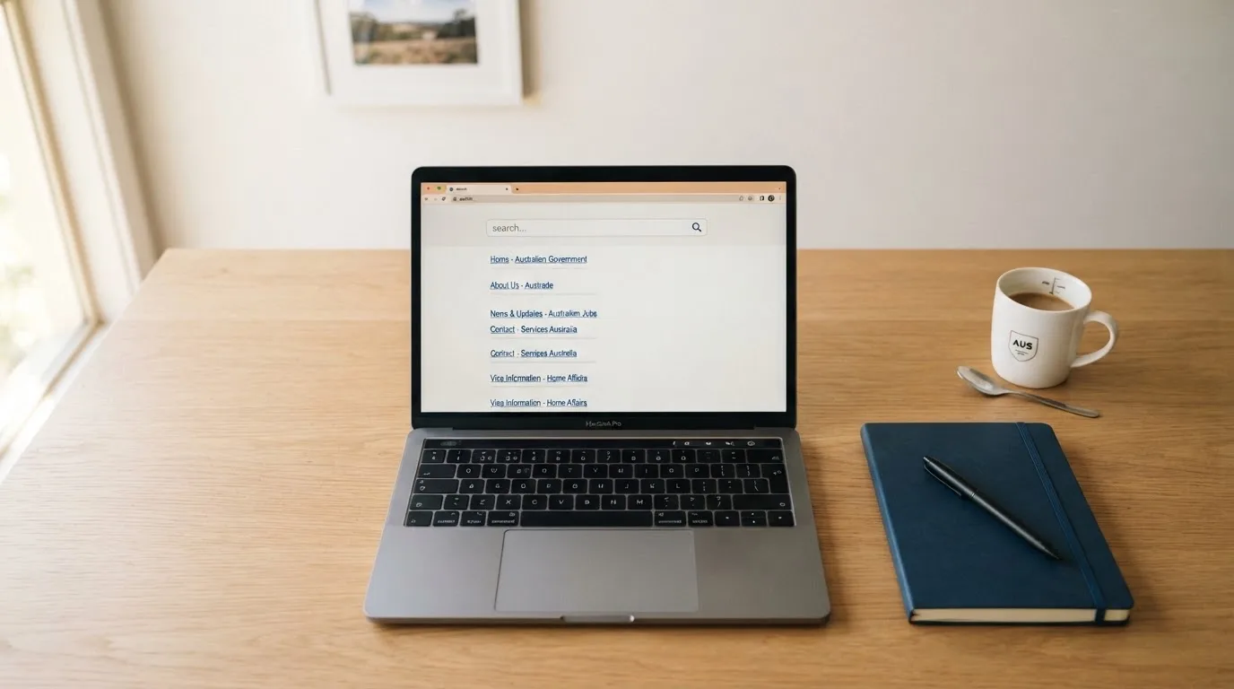 A tidy desk with a laptop open on a plain search-results page, a notebook and a coffee cup beside it, no screens showing any casino branding.