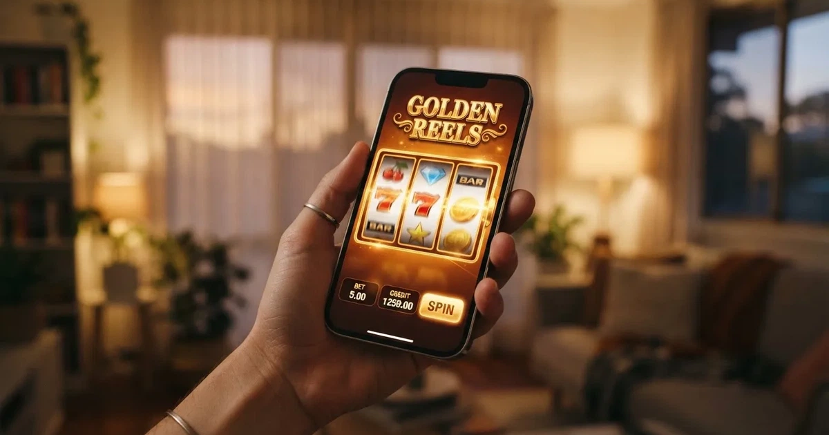 A hand tapping a smartphone screen showing generic app icons, none of them branded.