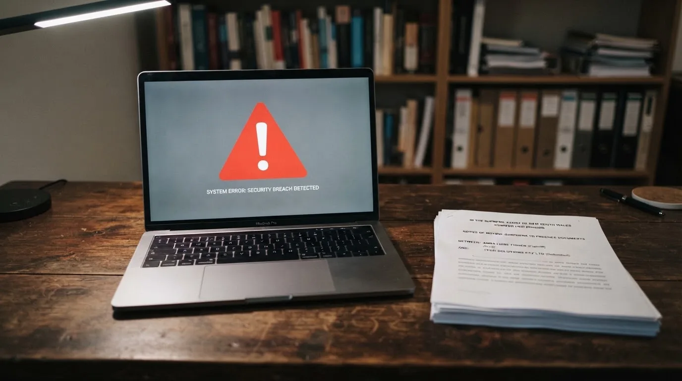 A red triangular warning sign icon on a laptop screen next to a stack of legal papers, symbolising an official caution rather than any specific website.