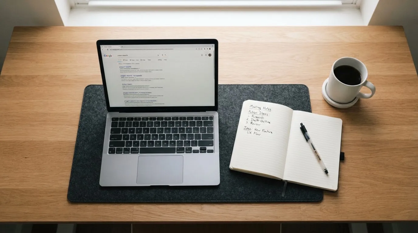 A tidy desk with a laptop open on a plain search-results page, a notebook and a coffee cup beside it, no screens showing any casino branding.