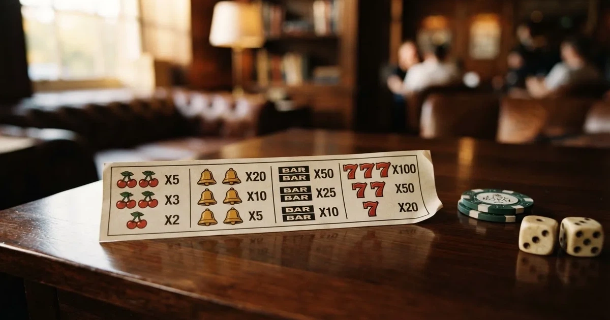 A printed strip of generic slot symbols and payout numbers laid on a desk, like a reference chart rather than a live game.