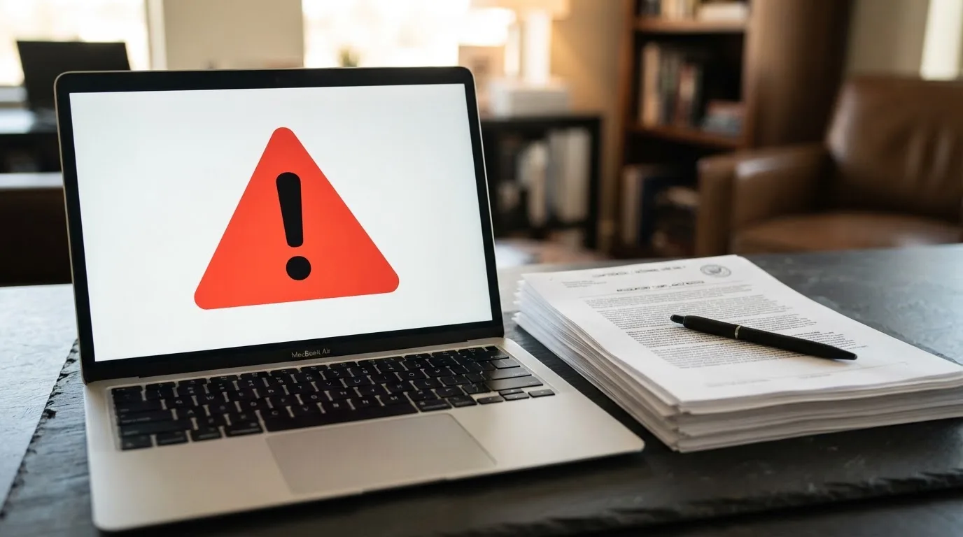 A red triangular warning sign icon on a laptop screen next to a stack of legal papers, symbolising an official caution rather than any specific website.