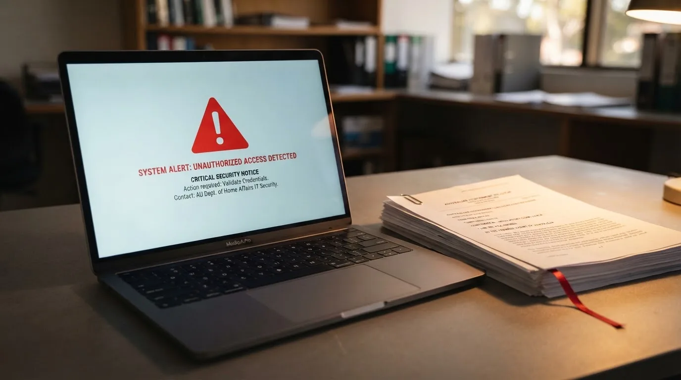 A red triangular warning sign icon on a laptop screen next to a stack of legal papers, symbolising an official caution rather than any specific website.