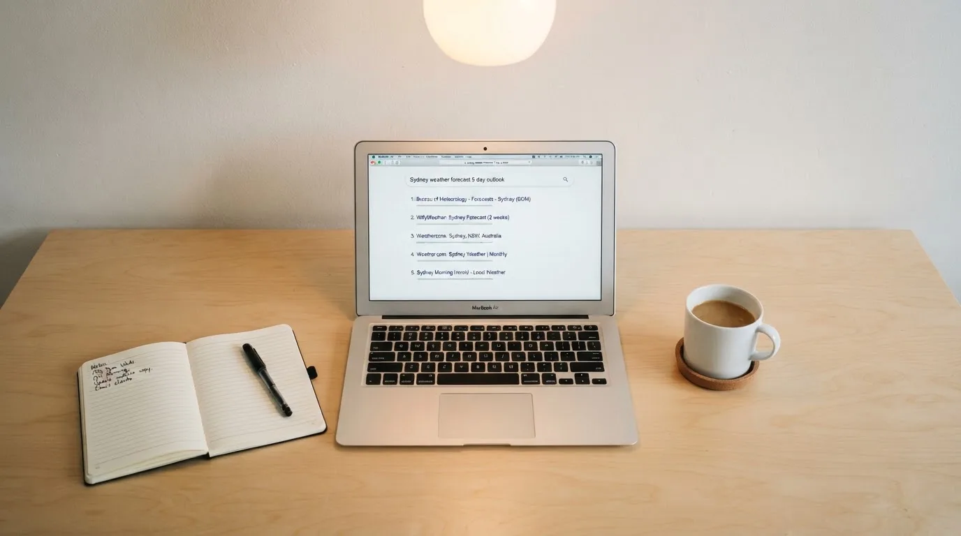 A tidy desk with a laptop open on a plain search-results page, a notebook and a coffee cup beside it, no screens showing any casino branding.