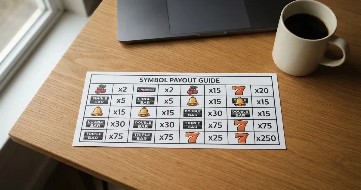 A printed strip of generic slot symbols and payout numbers laid on a desk, like a reference chart rather than a live game.