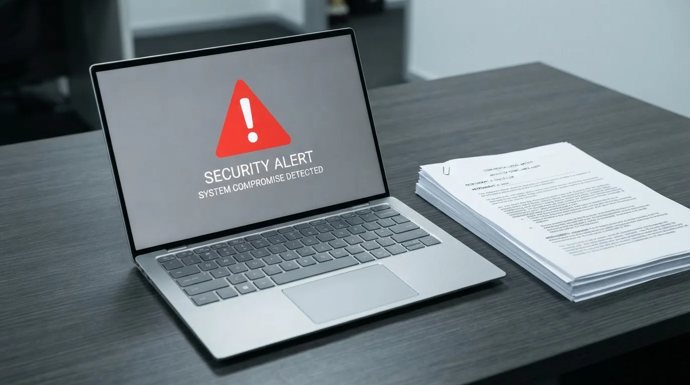 A red triangular warning sign icon on a laptop screen next to a stack of legal papers, symbolising an official caution rather than any specific website.