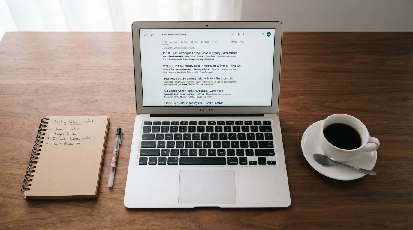 A tidy desk with a laptop open on a plain search-results page, a notebook and a coffee cup beside it, no screens showing any casino branding.