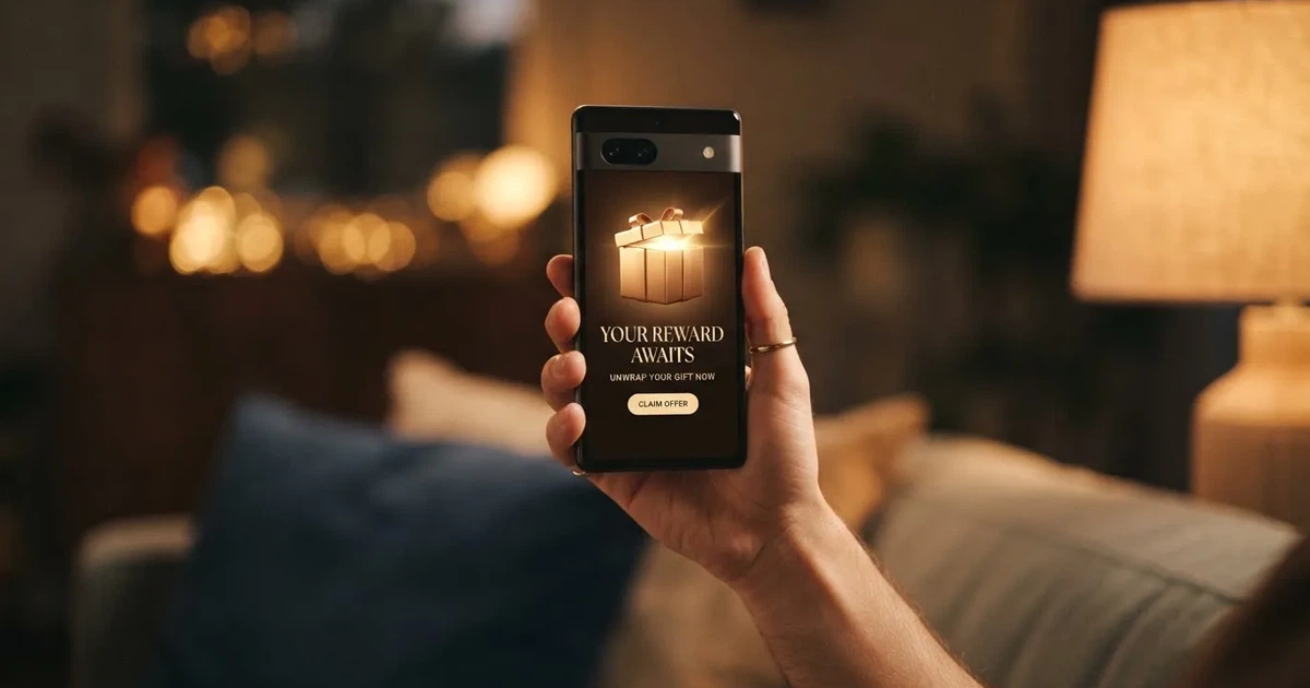 A gift box icon glowing on a phone screen, held at arm's length, suggesting an unopened offer rather than an active game.