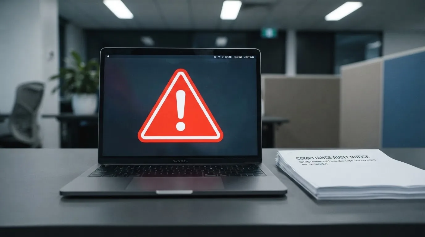 A red triangular warning sign icon on a laptop screen next to a stack of legal papers, symbolising an official caution rather than any specific website.