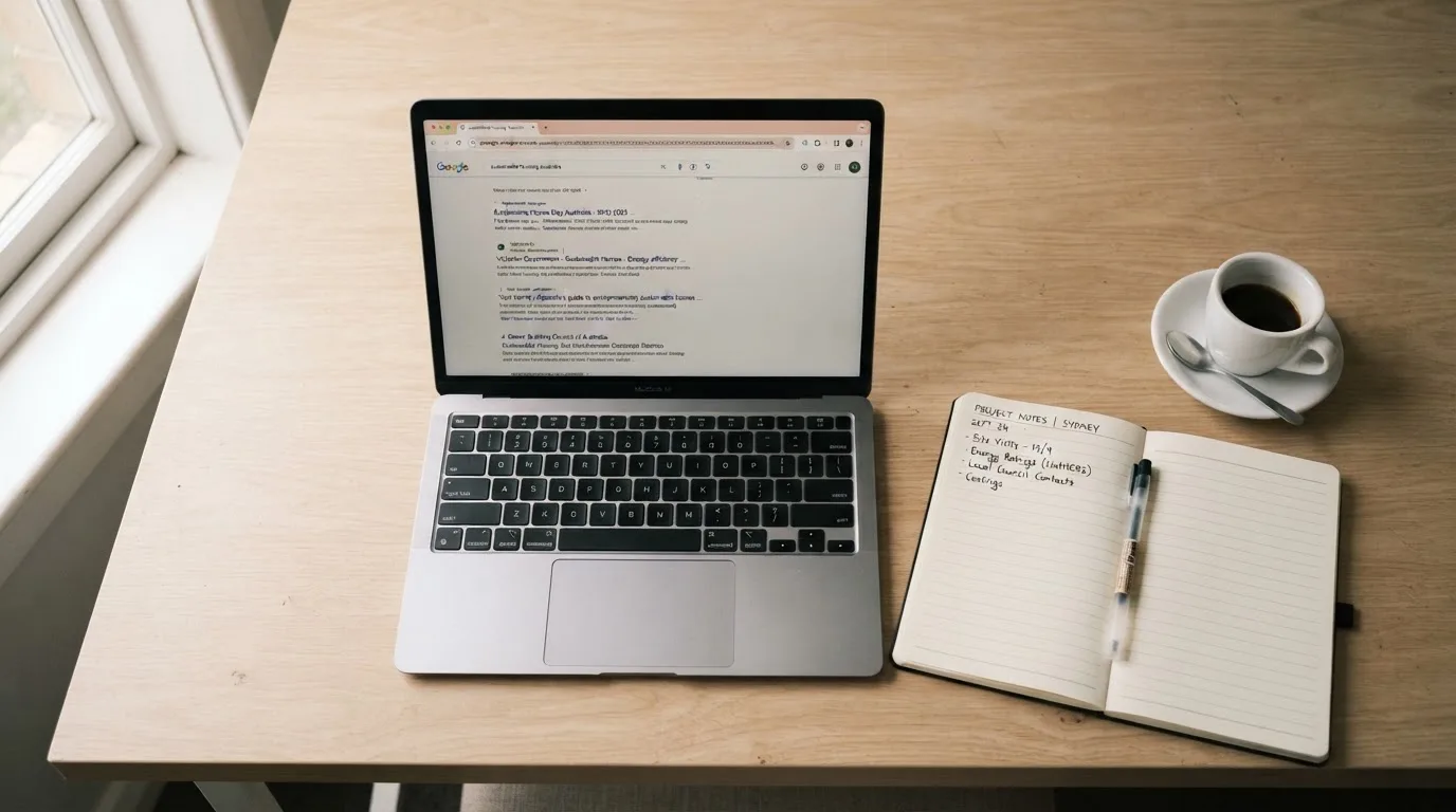 A tidy desk with a laptop open on a plain search-results page, a notebook and a coffee cup beside it, no screens showing any casino branding.