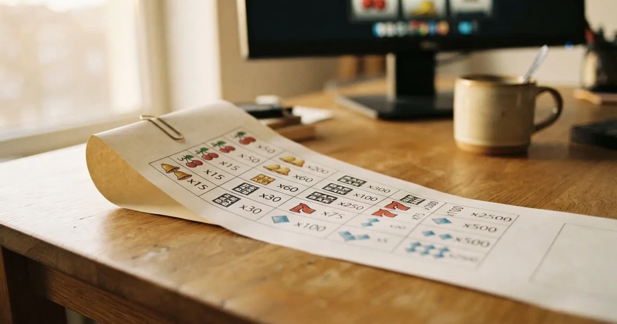 A printed strip of generic slot symbols and payout numbers laid on a desk, like a reference chart rather than a live game.