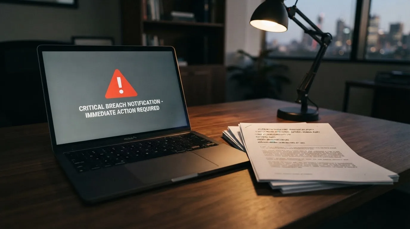 A red triangular warning sign icon on a laptop screen next to a stack of legal papers, symbolising an official caution rather than any specific website.