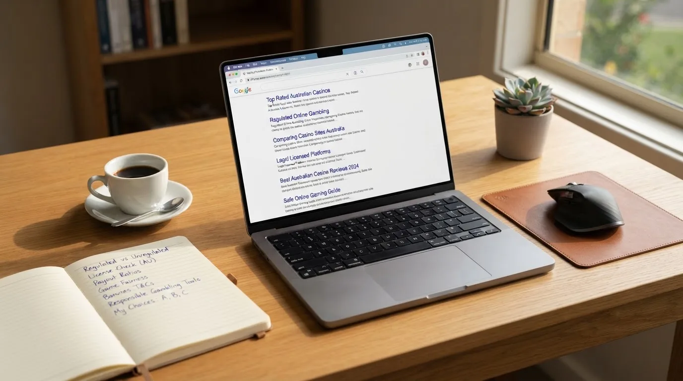A tidy desk with a laptop open on a plain search-results page, a notebook and a coffee cup beside it, no screens showing any casino branding.