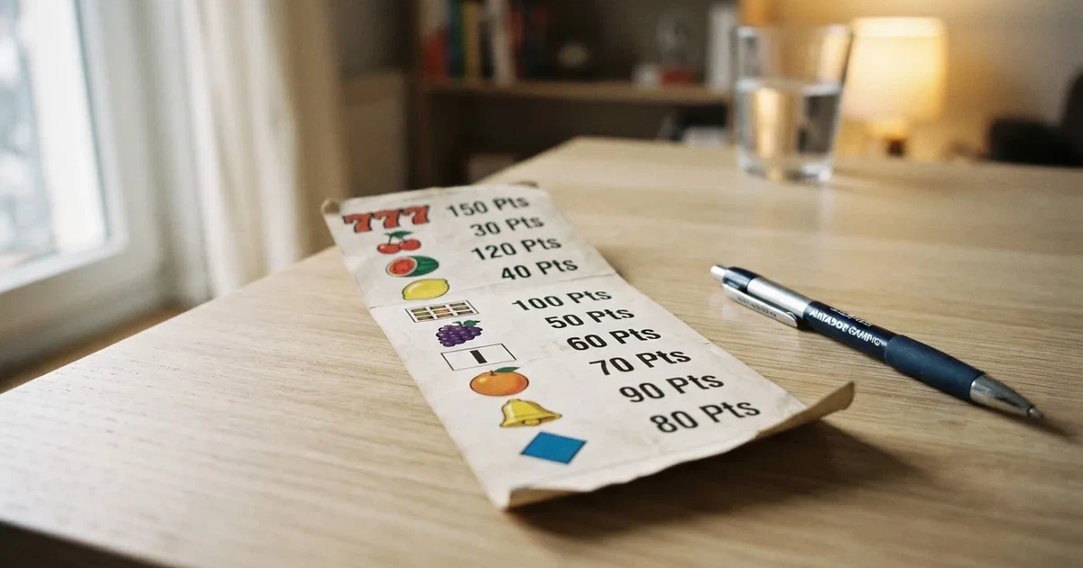 A printed strip of generic slot symbols and payout numbers laid on a desk, like a reference chart rather than a live game.