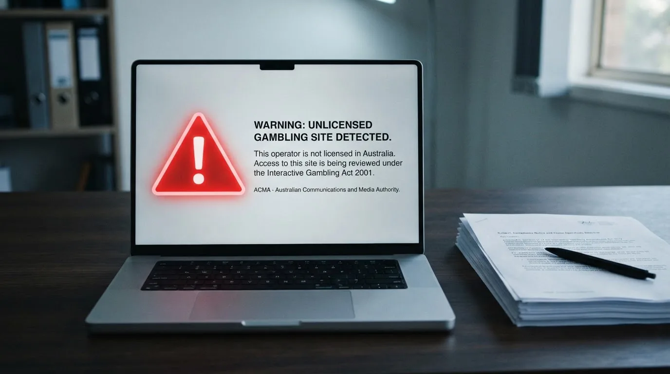 A red triangular warning sign icon on a laptop screen next to a stack of legal papers, symbolising an official caution rather than any specific website.