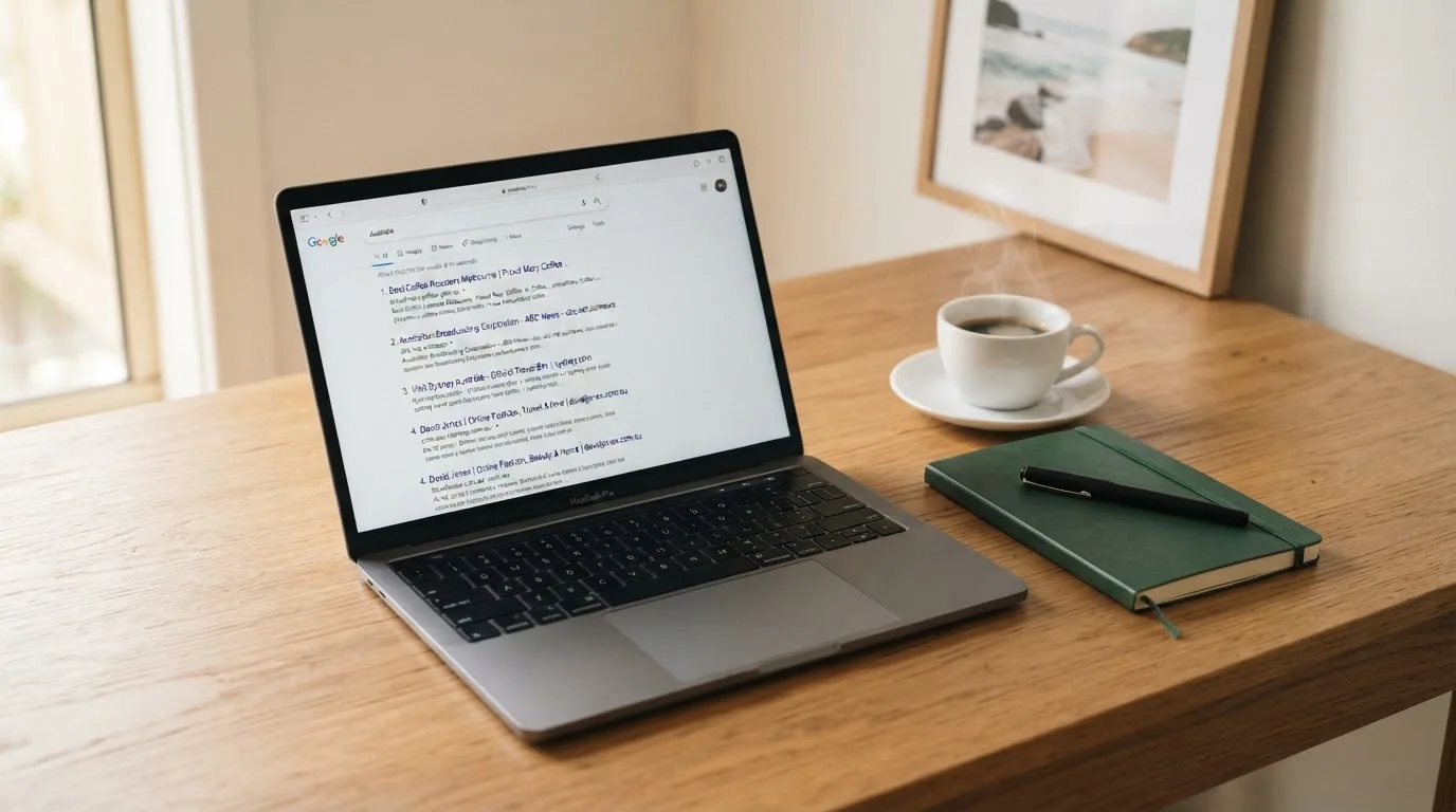 A tidy desk with a laptop open on a plain search-results page, a notebook and a coffee cup beside it, no screens showing any casino branding.