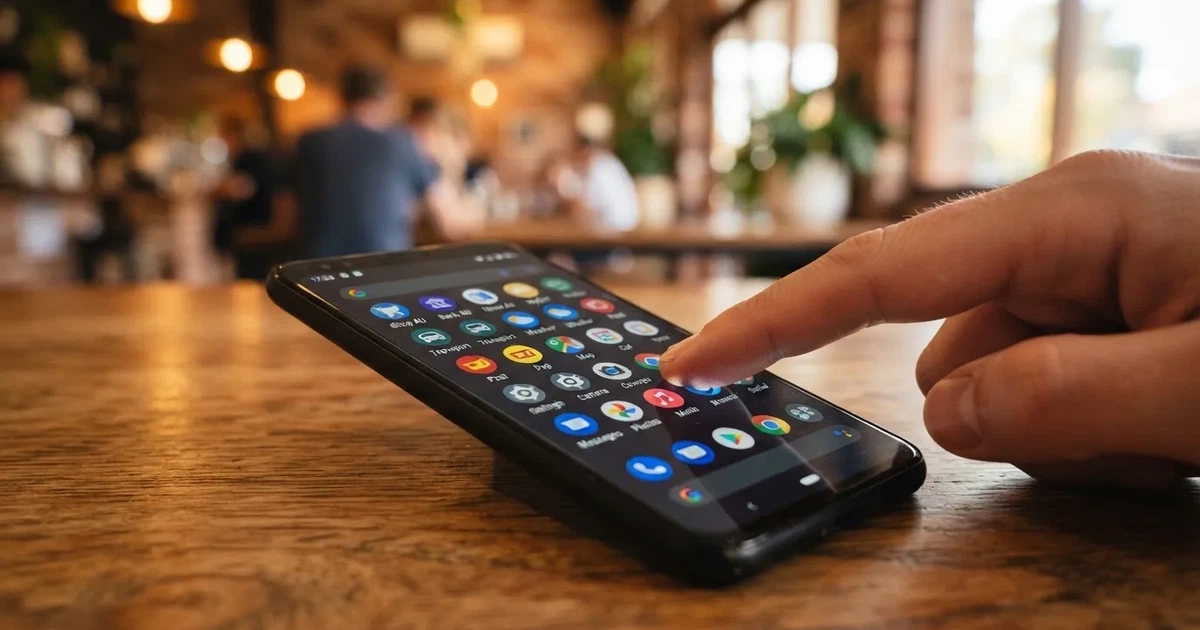 A hand tapping a smartphone screen showing generic app icons, none of them branded.