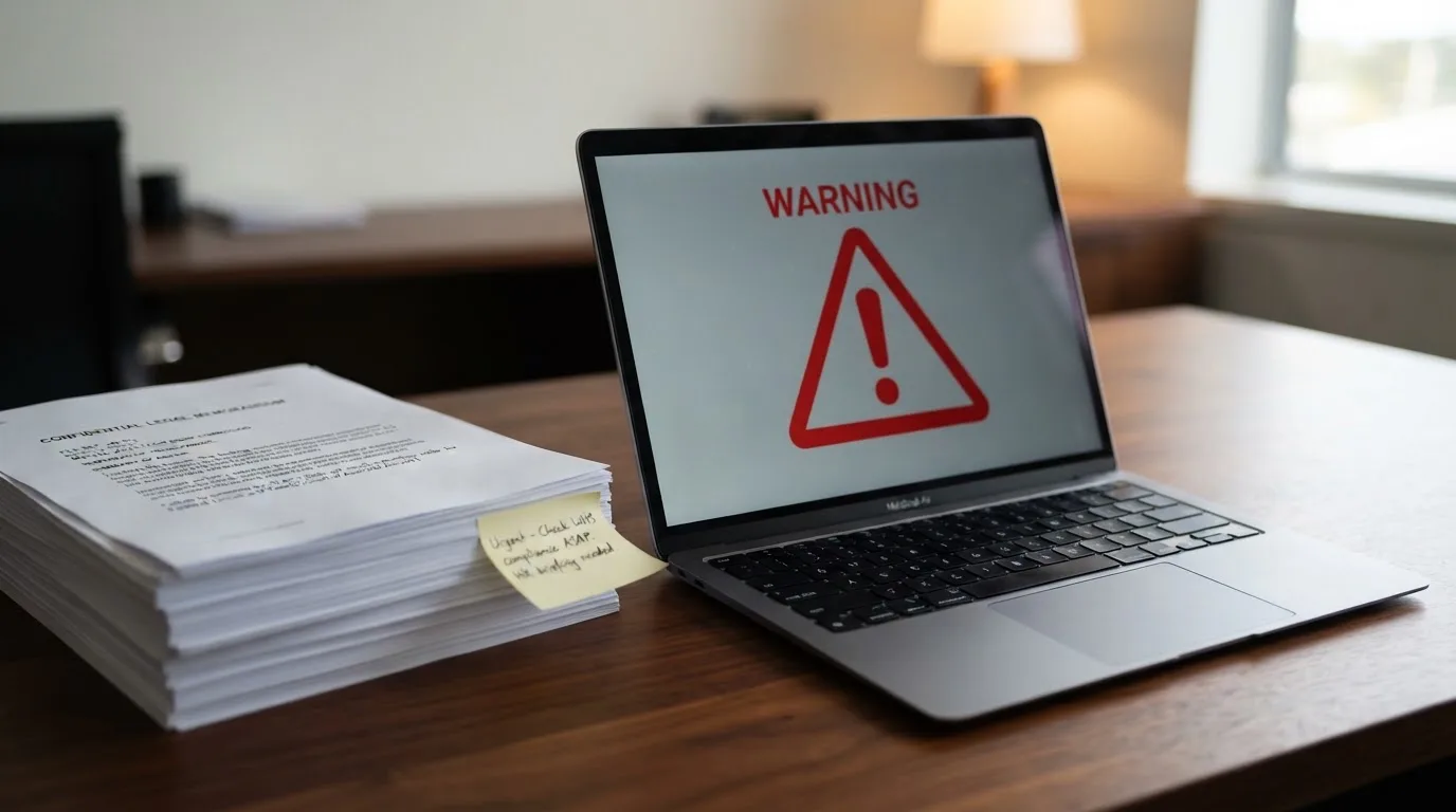 A red triangular warning sign icon on a laptop screen next to a stack of legal papers, symbolising an official caution rather than any specific website.