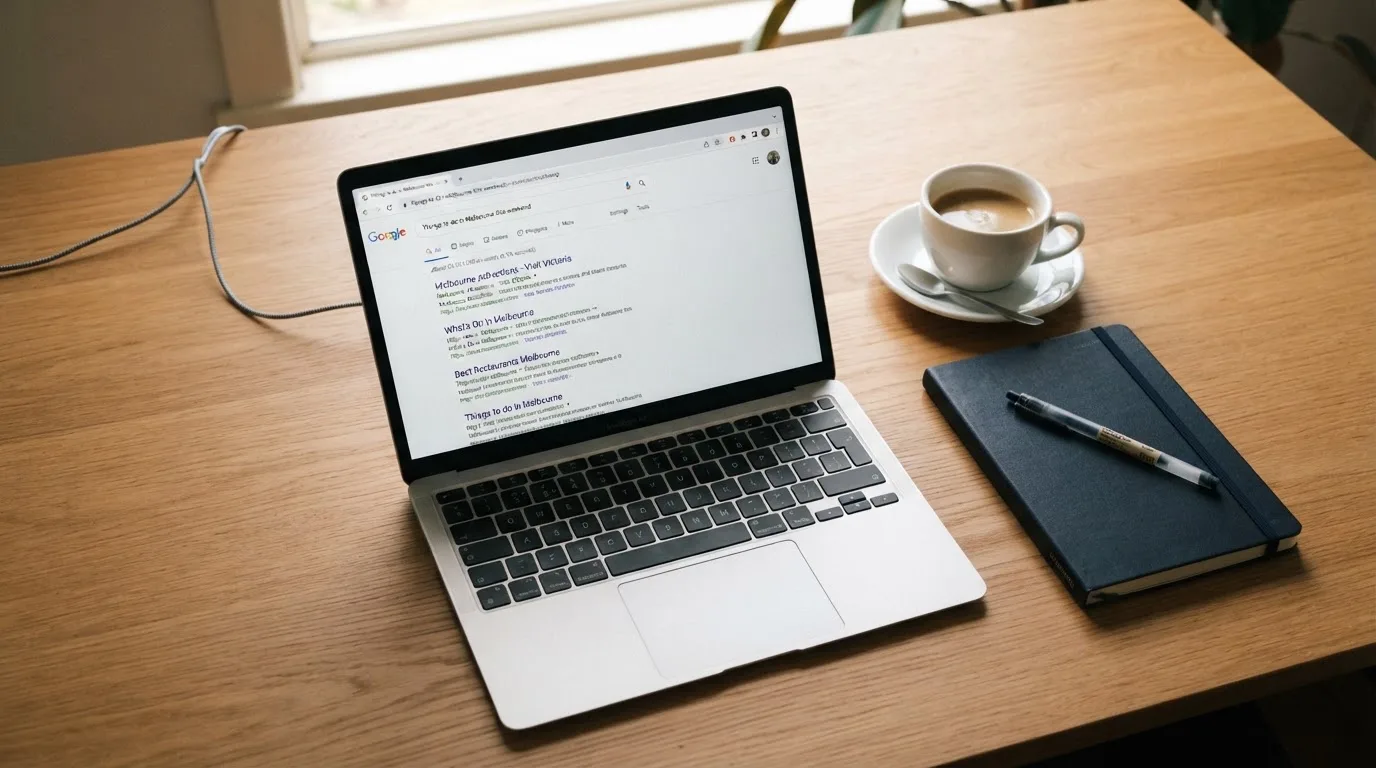 A tidy desk with a laptop open on a plain search-results page, a notebook and a coffee cup beside it, no screens showing any casino branding.